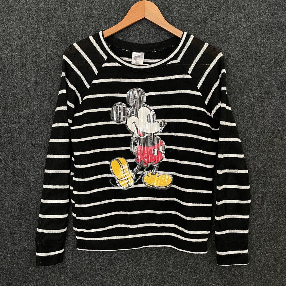 Disney Mickey Mouse Sequin Sweater Women’s L Black White Stripe Pullover Holiday